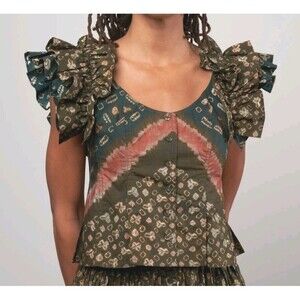 Ulla Johnson Milla Top Jasper Women's Green Multi Tie Dye Ruffle Sleeve Cotton 6